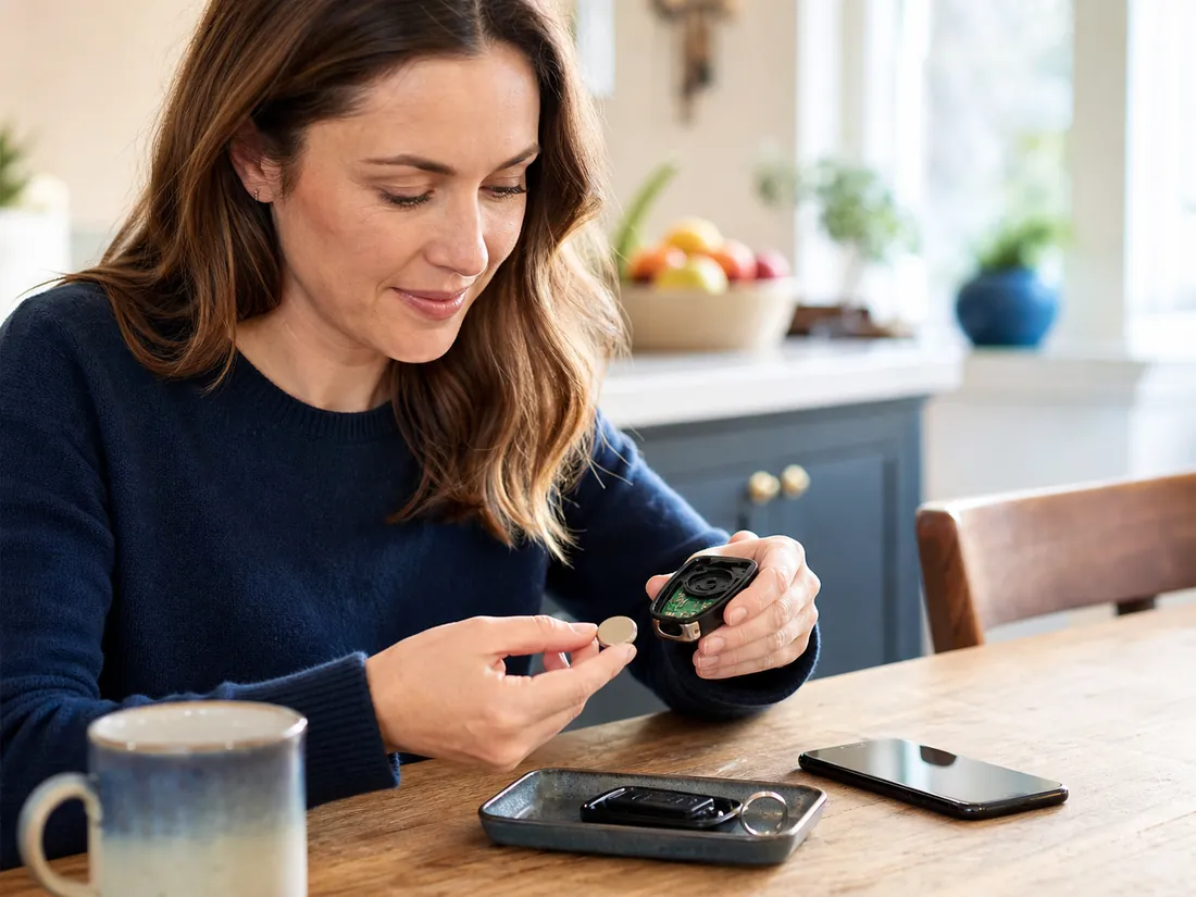 Woman carefully checking the coin cell inside a car key fob