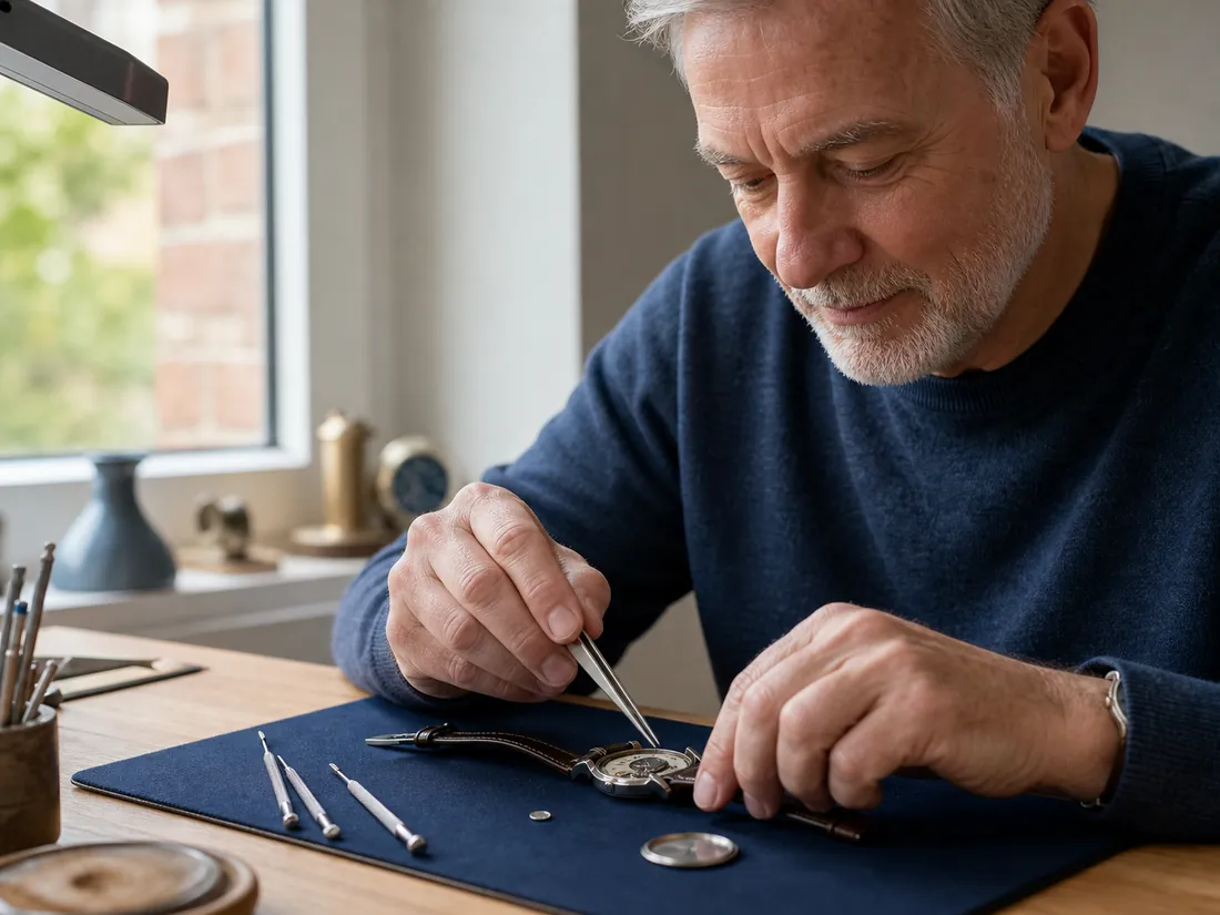 Man carefully replacing a button cell in a wristwatch